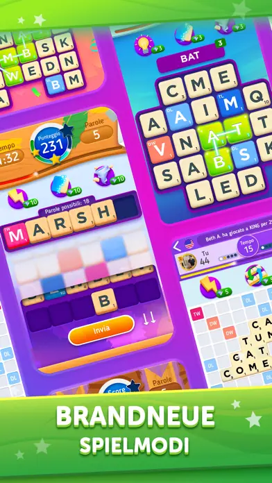 Schermate di giochi di parole disposte come tessere sulla bacheca